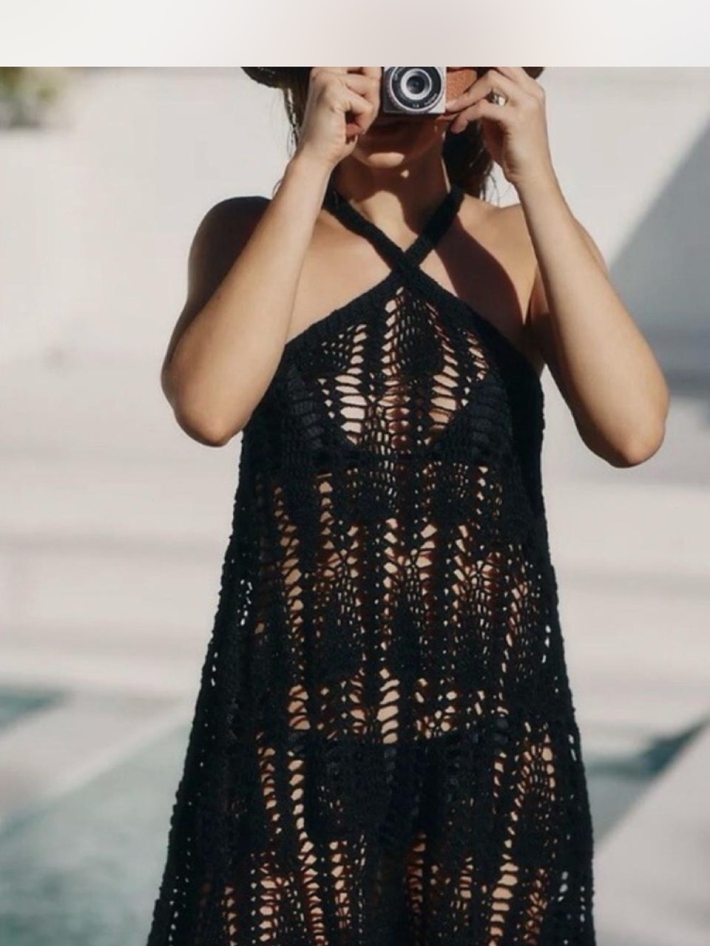 Anthropologie Black Crochet Halter Coverup Dress